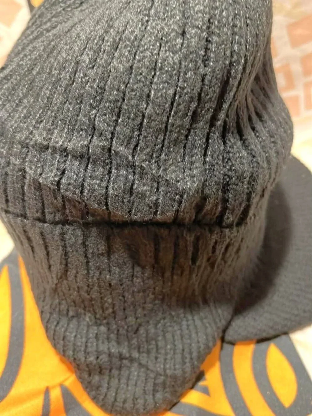 Black Ribbed Knit Winter Hat with Brim — 100% Acrylic, Cozy & Warm